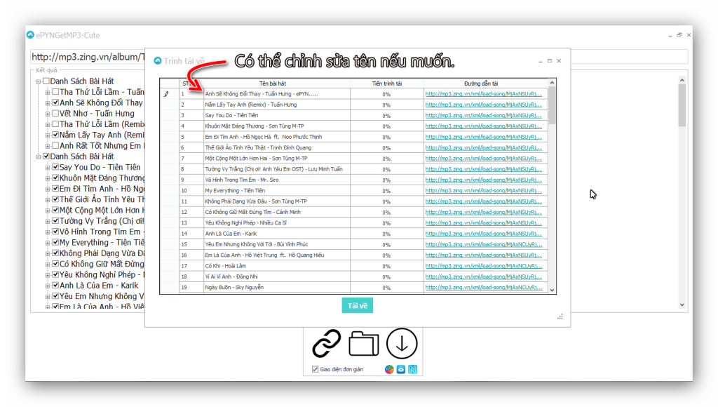 ePYNGetMP3-Cute – Phần mềm get link download bài hát, playlist nhạc ở Nhaccuatui, Nhacso, ZingMP3