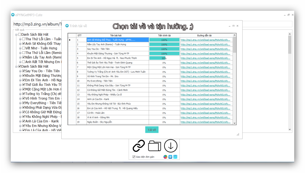 ePYNGetMP3-Cute – Phần mềm get link download bài hát, playlist nhạc ở Nhaccuatui, Nhacso, ZingMP3