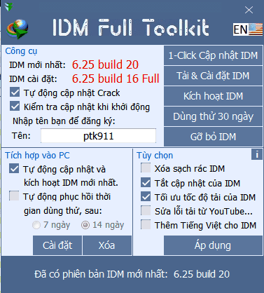IDM Full Toolkit - Kích hoạt, crack mọi phiên bản IDM, tự động cập nhật